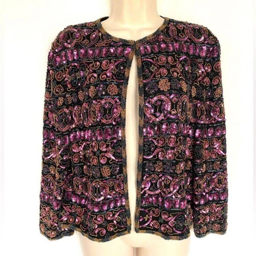 Vintage Della Roufogali Niteline Silk Beaded Jacket Purple Black Evening Size S
